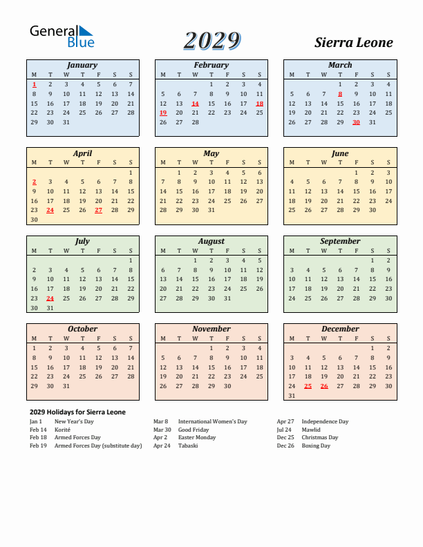 Sierra Leone Calendar 2029 with Monday Start