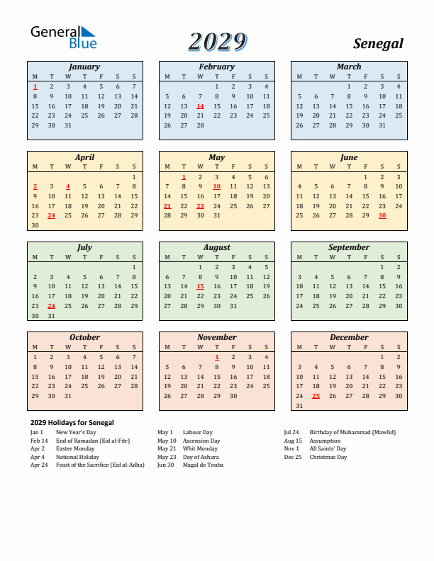 Senegal Calendar 2029 with Monday Start