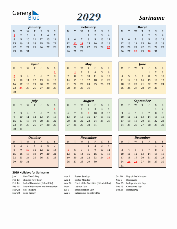 Suriname Calendar 2029 with Monday Start