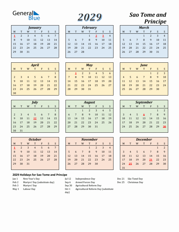 Sao Tome and Principe Calendar 2029 with Monday Start