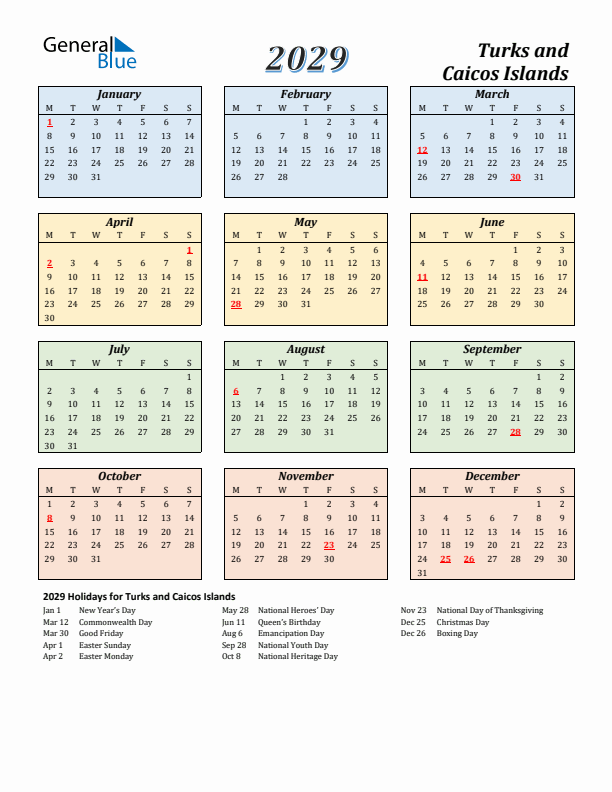 Turks and Caicos Islands Calendar 2029 with Monday Start