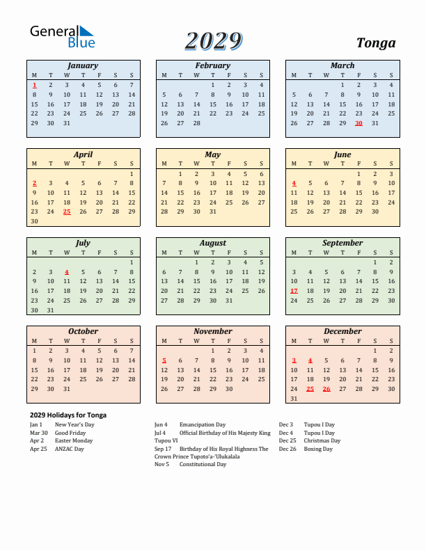 Tonga Calendar 2029 with Monday Start