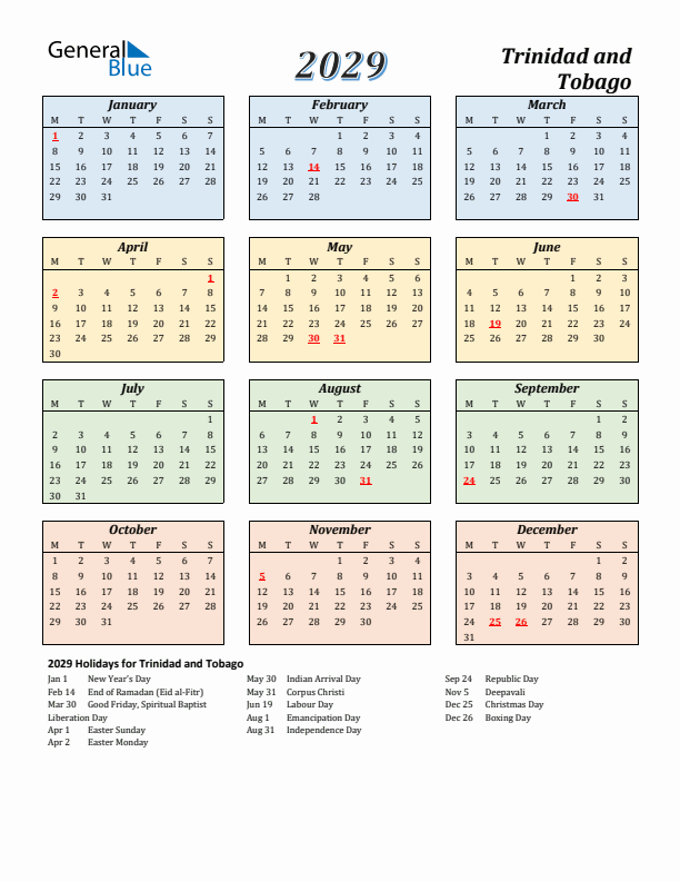 Trinidad and Tobago Calendar 2029 with Monday Start