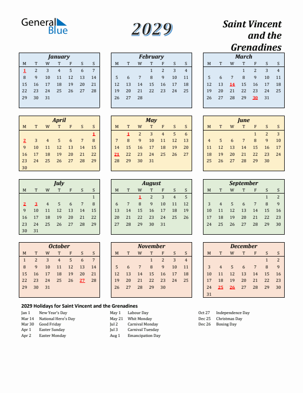 Saint Vincent and the Grenadines Calendar 2029 with Monday Start