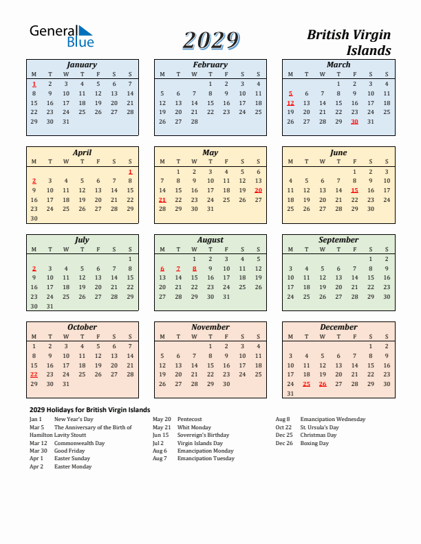British Virgin Islands Calendar 2029 with Monday Start