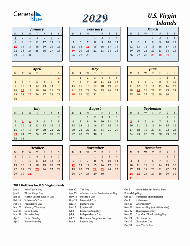 U.S. Virgin Islands Calendar 2029 with Monday Start