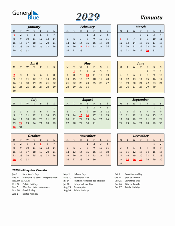 Vanuatu Calendar 2029 with Monday Start