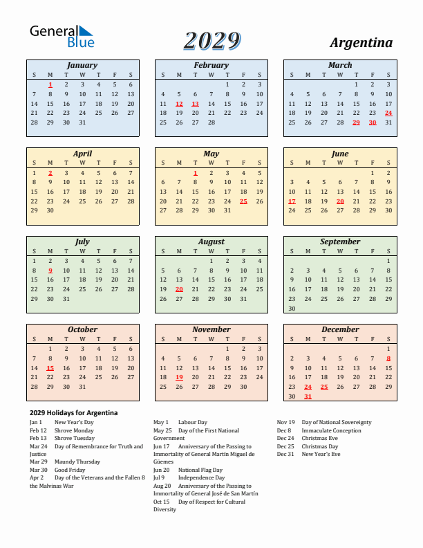 Argentina Calendar 2029 with Sunday Start