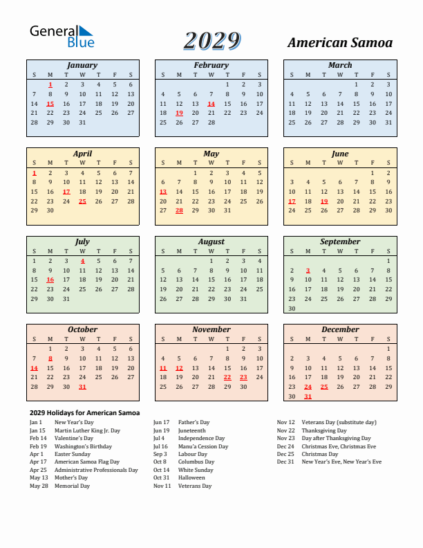 American Samoa Calendar 2029 with Sunday Start