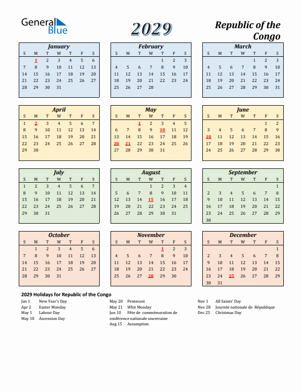 Republic of the Congo Calendar 2029 with Sunday Start