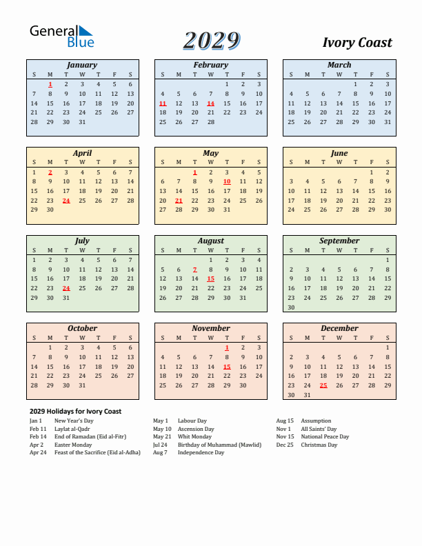 Ivory Coast Calendar 2029 with Sunday Start