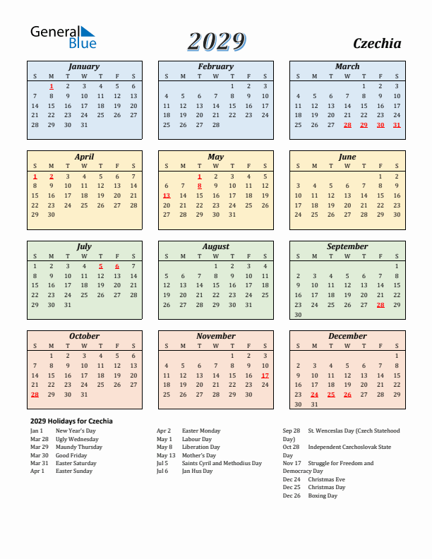 Czechia Calendar 2029 with Sunday Start