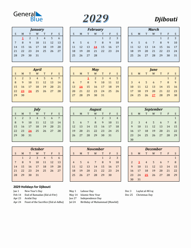 Djibouti Calendar 2029 with Sunday Start