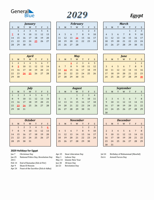Egypt Calendar 2029 with Sunday Start
