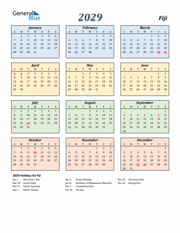 Fiji Calendar 2029 with Sunday Start