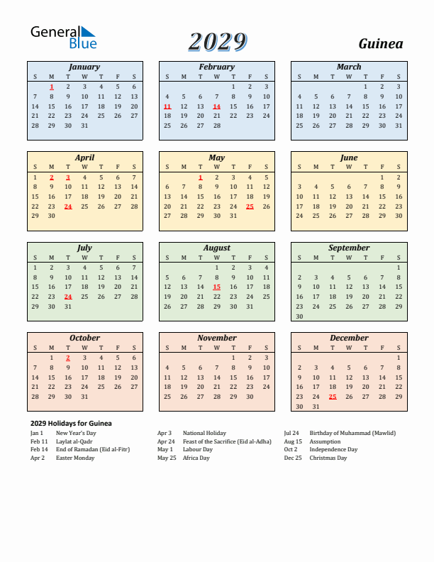 Guinea Calendar 2029 with Sunday Start