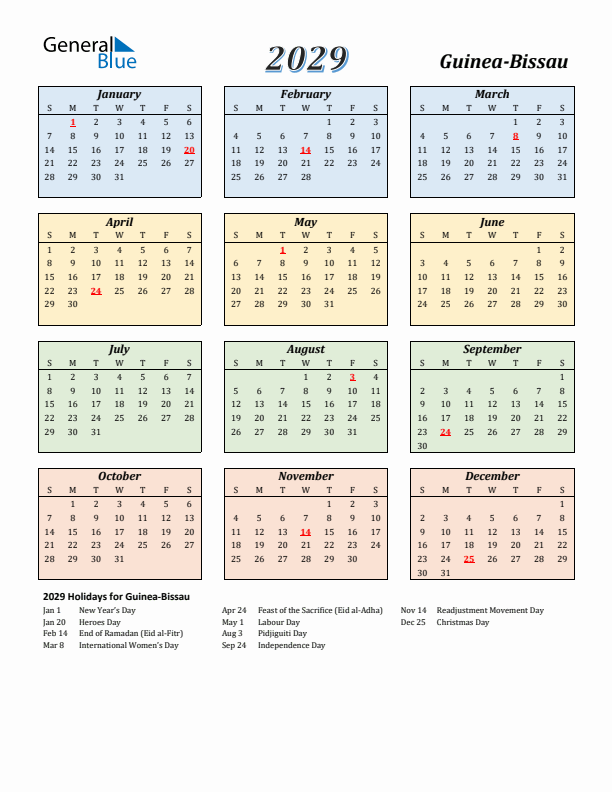 Guinea-Bissau Calendar 2029 with Sunday Start