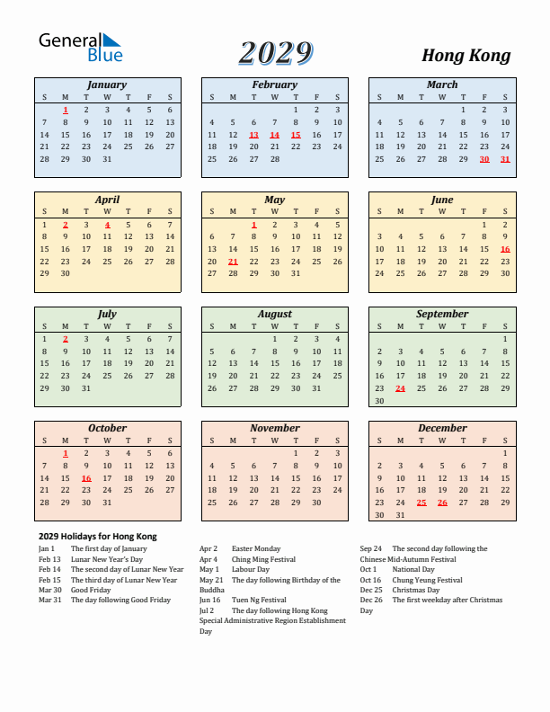 Hong Kong Calendar 2029 with Sunday Start