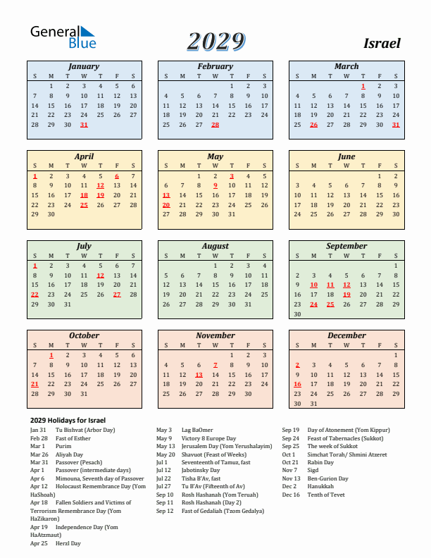 Israel Calendar 2029 with Sunday Start