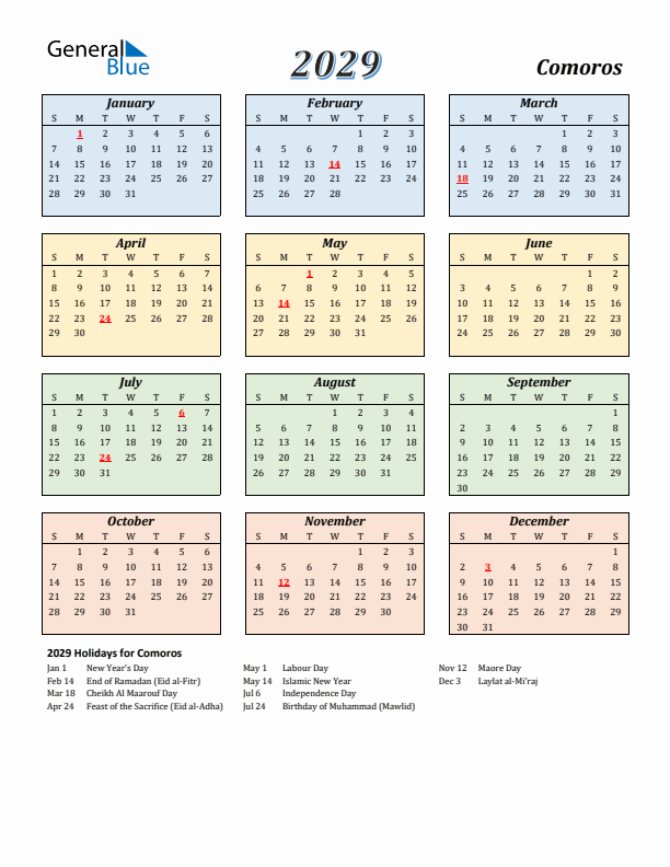 Comoros Calendar 2029 with Sunday Start