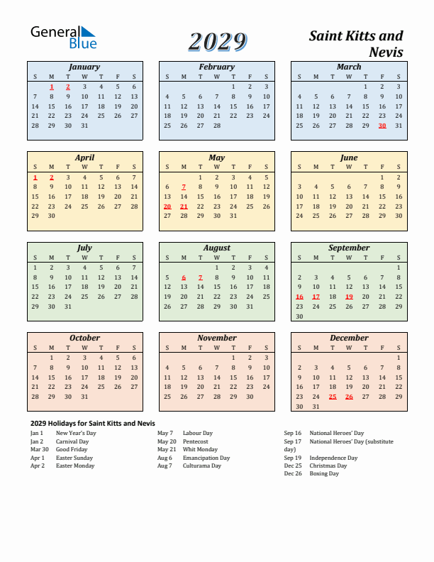 Saint Kitts and Nevis Calendar 2029 with Sunday Start