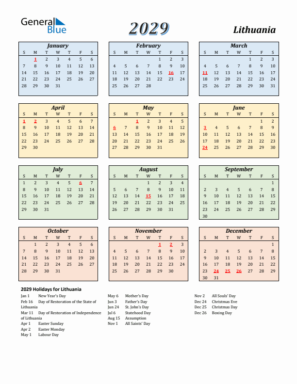 Lithuania Calendar 2029 with Sunday Start