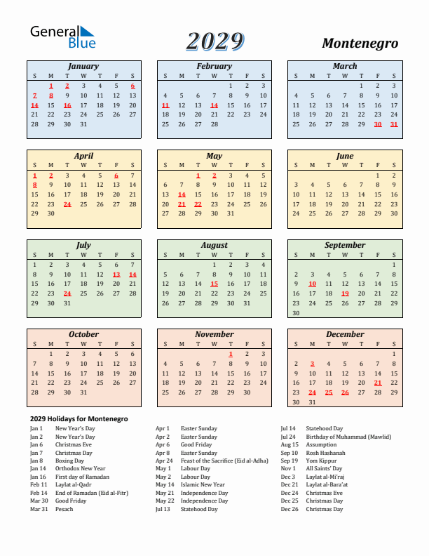 Montenegro Calendar 2029 with Sunday Start