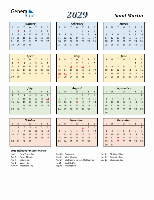 Saint Martin Calendar 2029 with Sunday Start