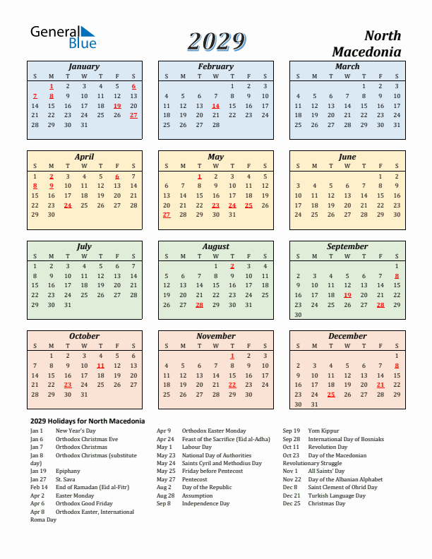 North Macedonia Calendar 2029 with Sunday Start