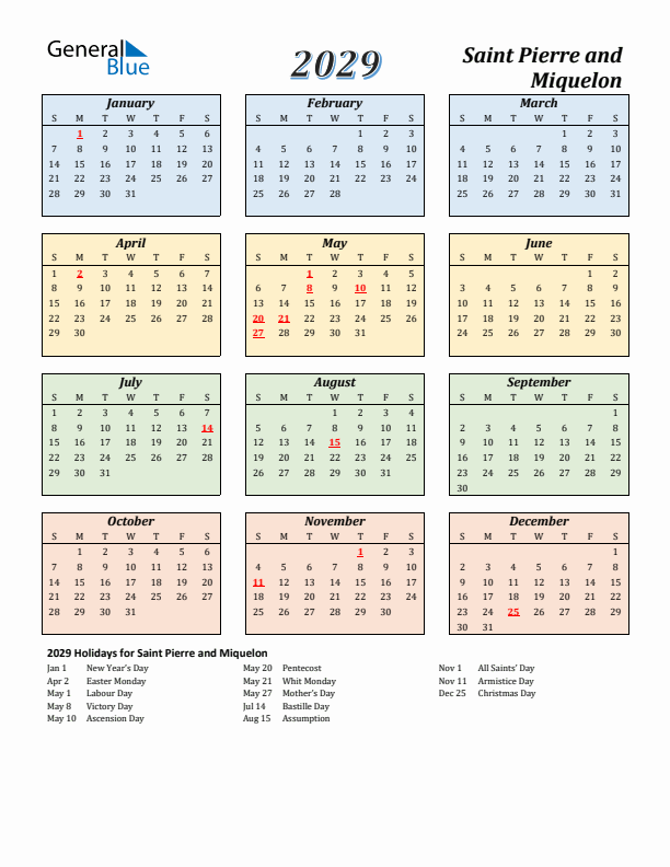 Saint Pierre and Miquelon Calendar 2029 with Sunday Start