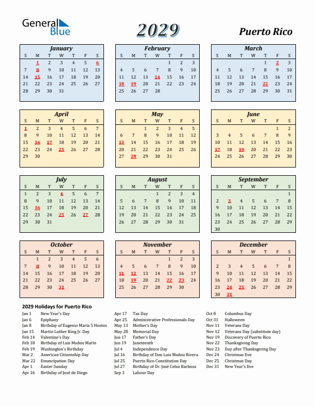 Puerto Rico Calendar 2029 with Sunday Start