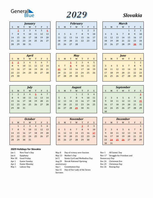Slovakia Calendar 2029 with Sunday Start