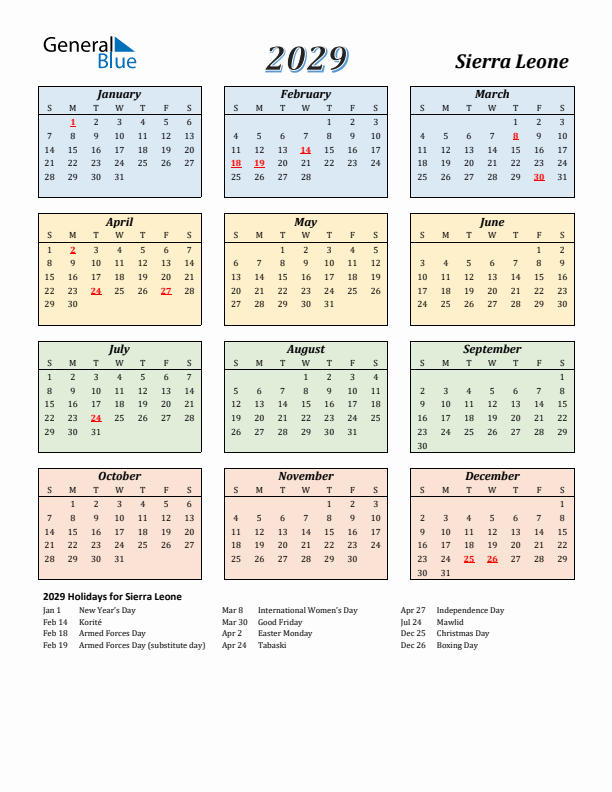 Sierra Leone Calendar 2029 with Sunday Start