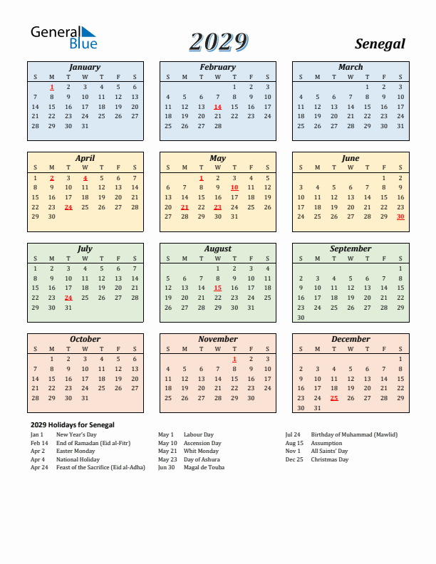 Senegal Calendar 2029 with Sunday Start