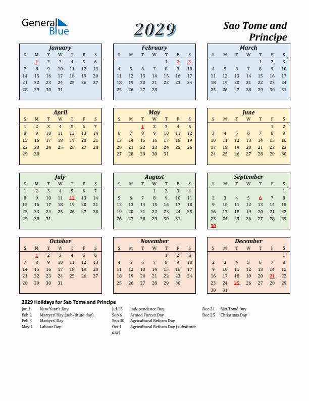 Sao Tome and Principe Calendar 2029 with Sunday Start