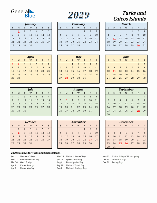 Turks and Caicos Islands Calendar 2029 with Sunday Start