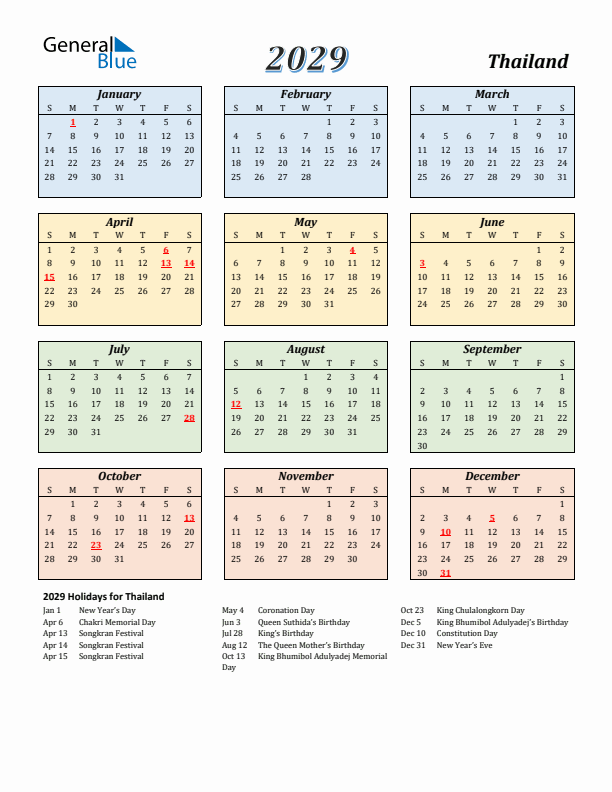Thailand Calendar 2029 with Sunday Start