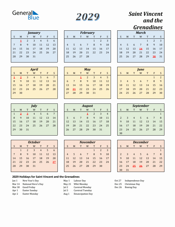 Saint Vincent and the Grenadines Calendar 2029 with Sunday Start