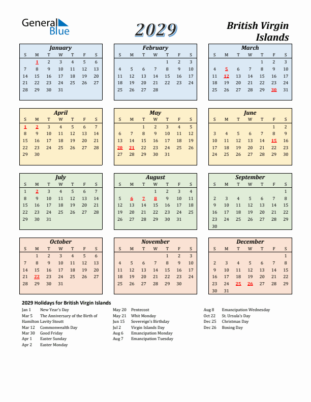 British Virgin Islands Calendar 2029 with Sunday Start
