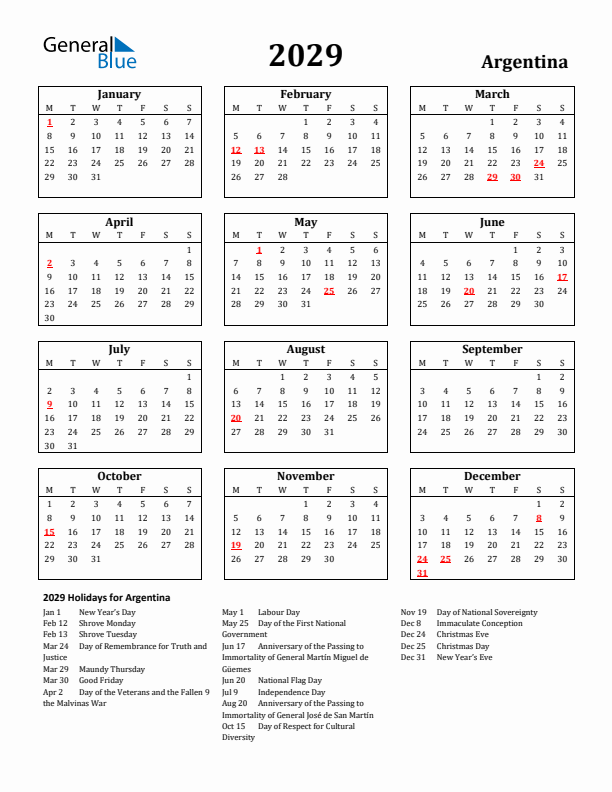 2029 Argentina Holiday Calendar - Monday Start