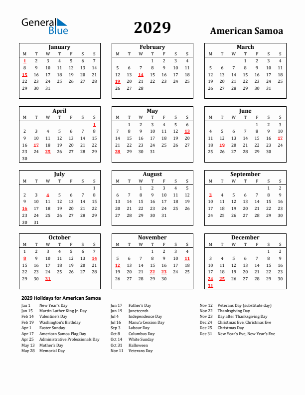 2029 American Samoa Holiday Calendar - Monday Start