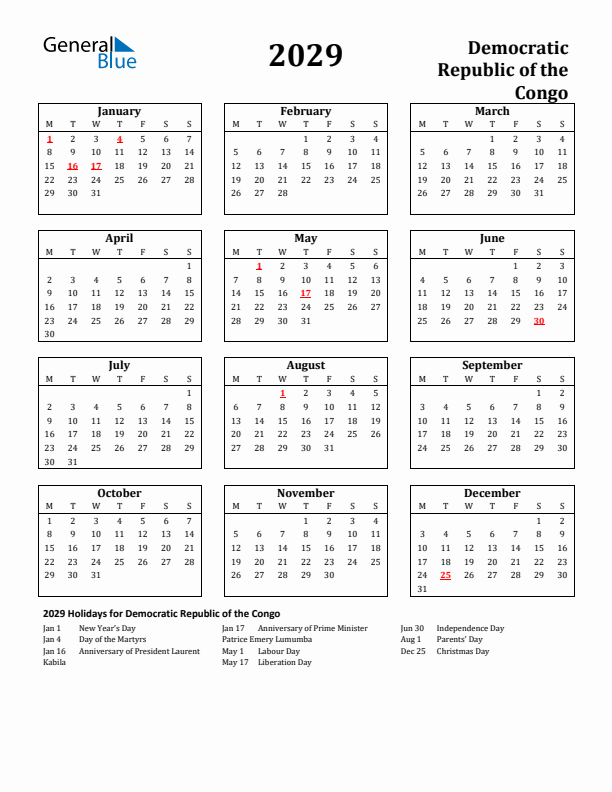 2029 Democratic Republic of the Congo Holiday Calendar - Monday Start