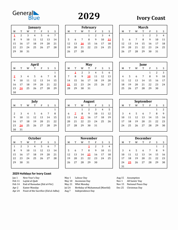 2029 Ivory Coast Holiday Calendar - Monday Start