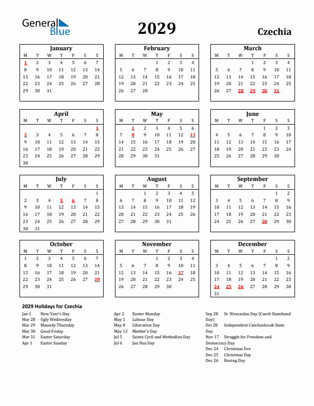 2029 Czechia Holiday Calendar - Monday Start