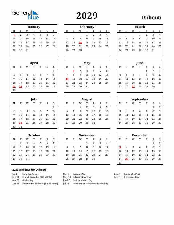2029 Djibouti Holiday Calendar - Monday Start