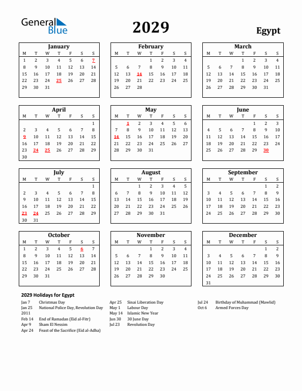 2029 Egypt Holiday Calendar - Monday Start