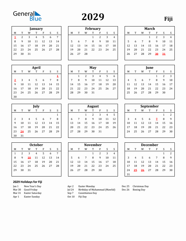 2029 Fiji Holiday Calendar - Monday Start
