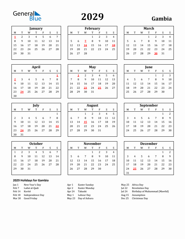 2029 Gambia Holiday Calendar - Monday Start