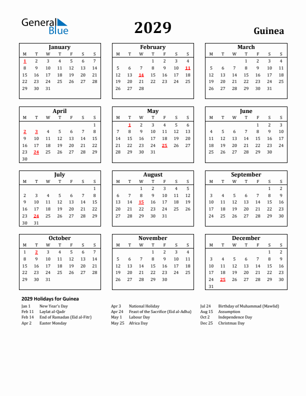 2029 Guinea Holiday Calendar - Monday Start