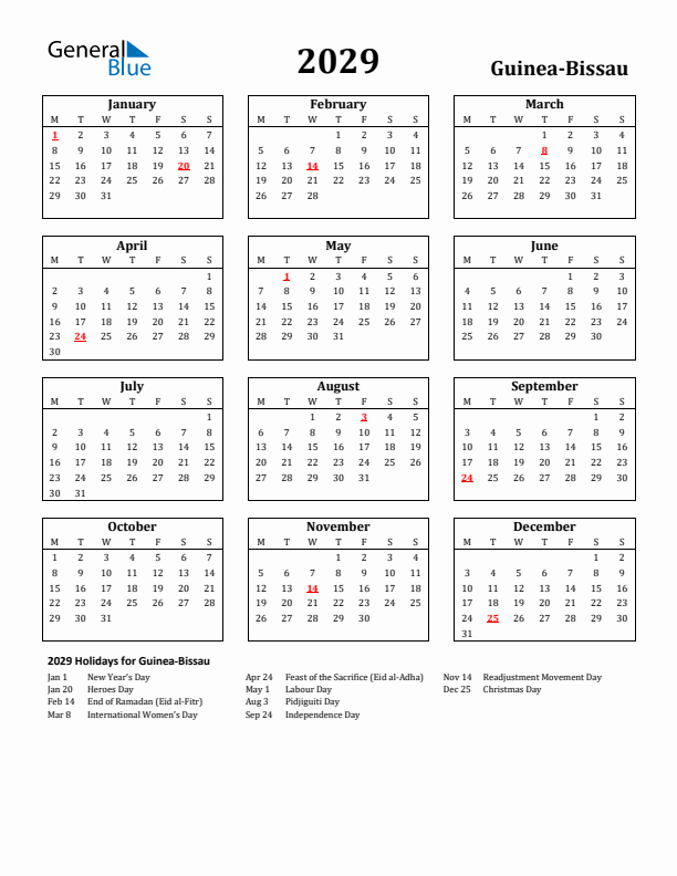 2029 Guinea-Bissau Holiday Calendar - Monday Start